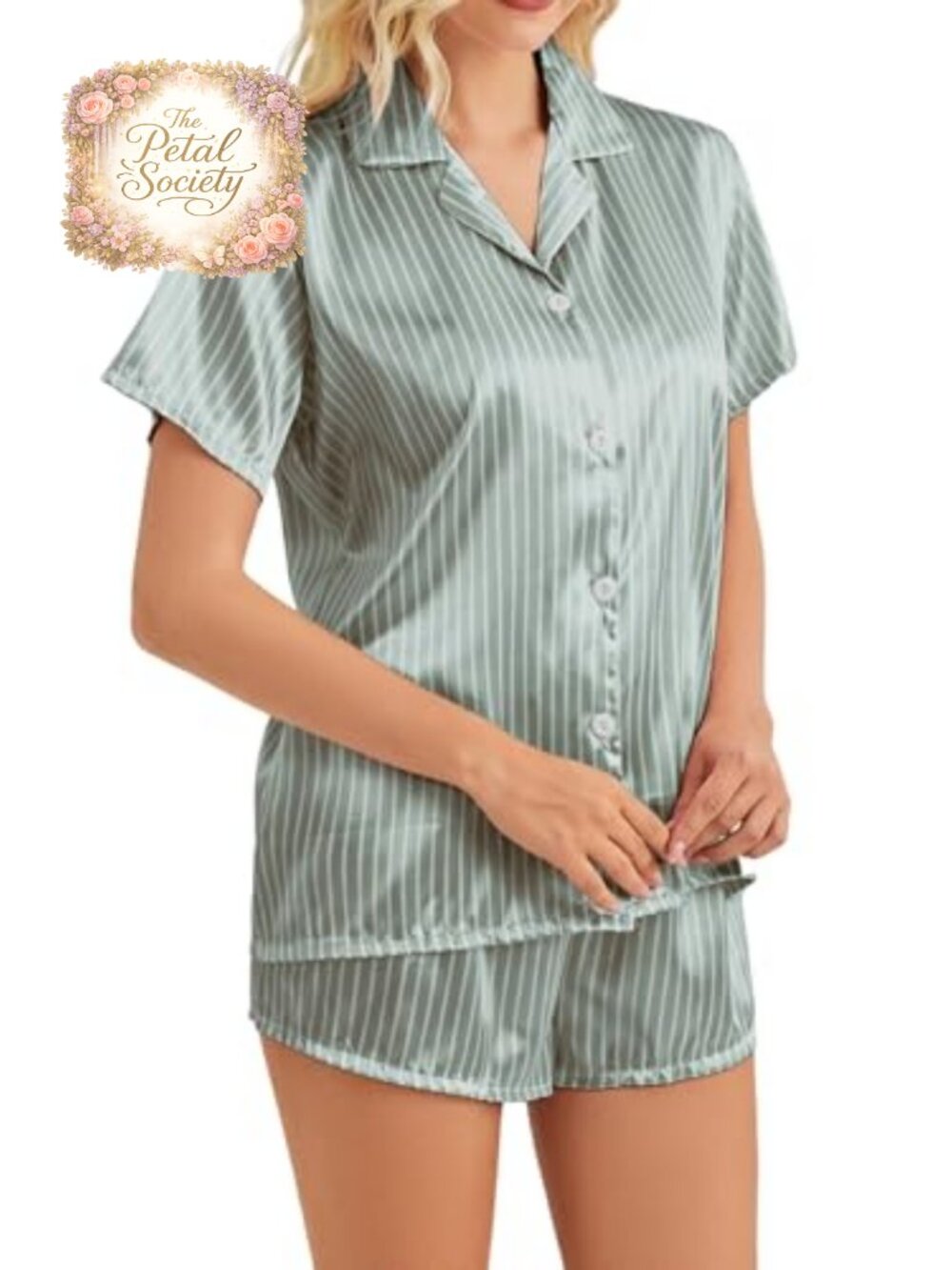 Satin Pajama Set Notch Neck Drawstring Shorts Womens PJ